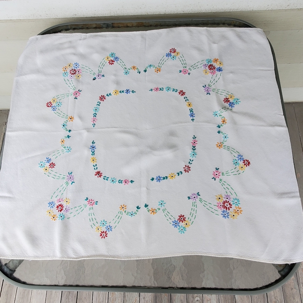 Embroidered Floral Tablecloth Vintage Square Small Cottagecore White Cotton